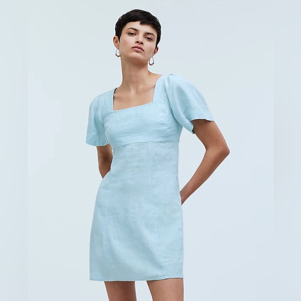 Madewell Square-Neck Mini Dress in 100% Linen In Blue Heron Size 4 NWT